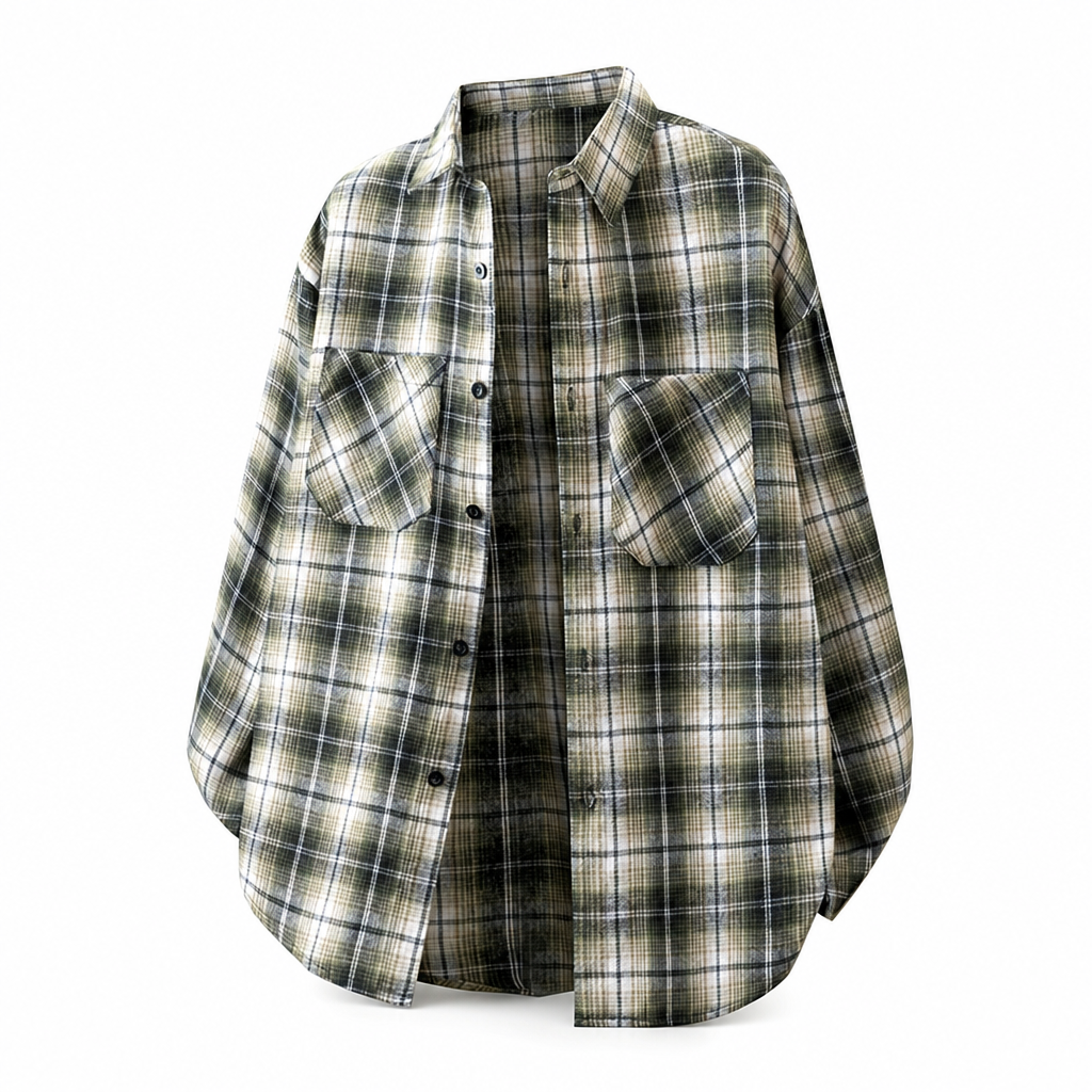 Unisex Casual Loose Fit Plaid Button Down Shirt Top for Men and Women