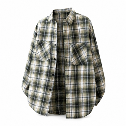 Unisex Casual Loose Fit Plaid Button Down Shirt Top for Men and Women