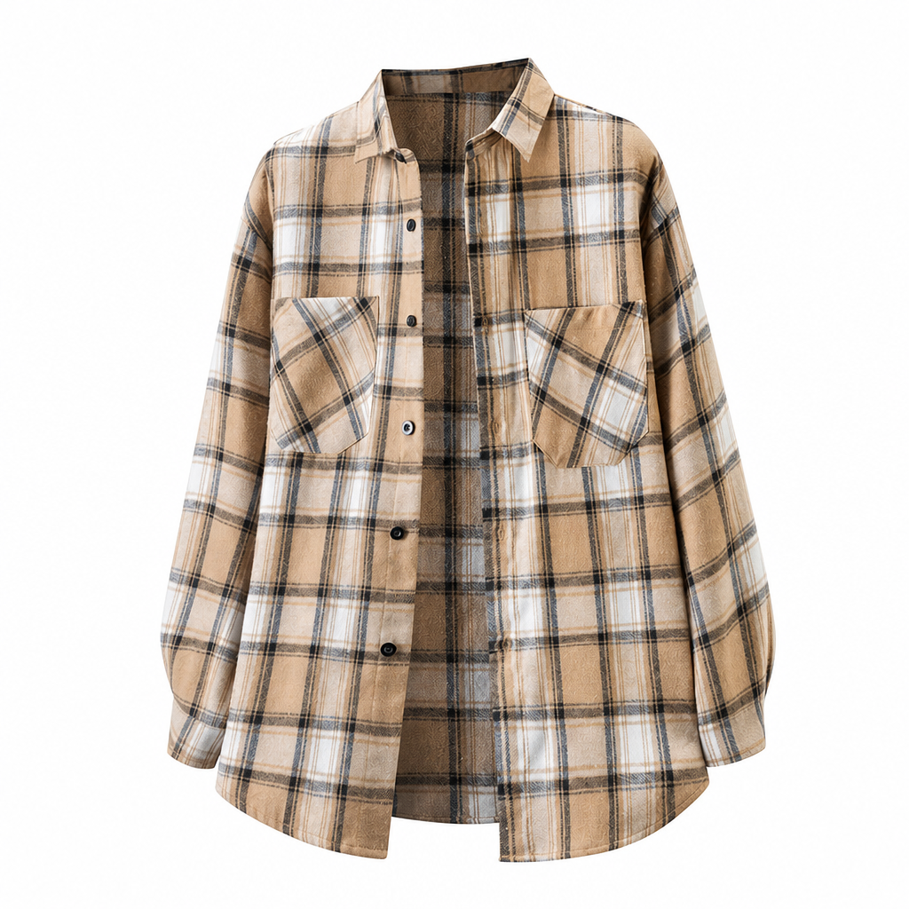 Unisex Casual Loose Fit Plaid Button Down Shirt Top for Men and Women