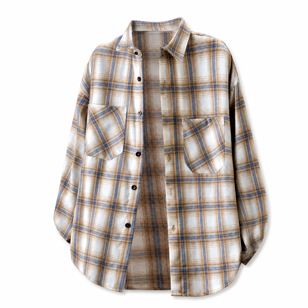 Unisex Casual Loose Fit Plaid Button Down Shirt Top for Men and Women