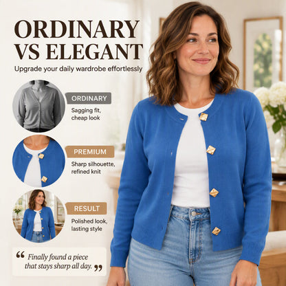 Women's Chic Crewneck Knit Cardigan with Gold Buttons