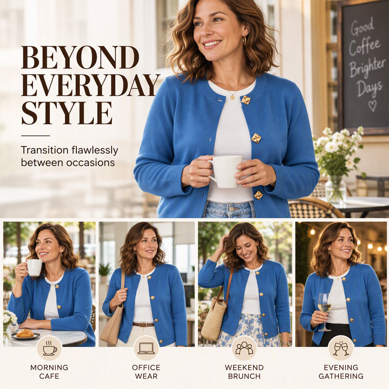 Women's Chic Crewneck Knit Cardigan with Gold Buttons