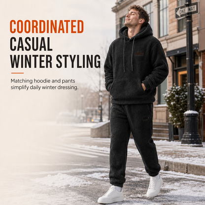 Men's Winter Warm Lamb Wool Hooded Sweatshirt and Pants 2 Piece Set