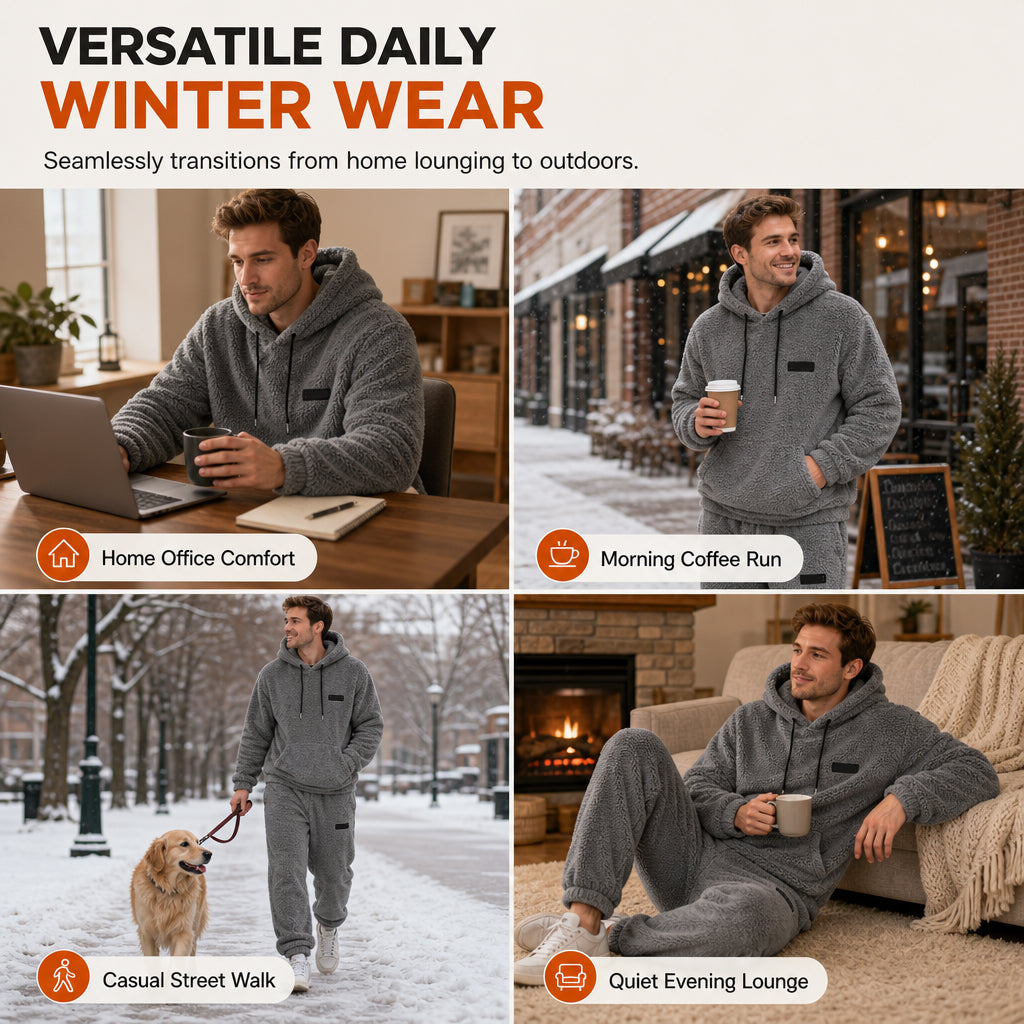 Men's Winter Warm Lamb Wool Hooded Sweatshirt and Pants 2 Piece Set