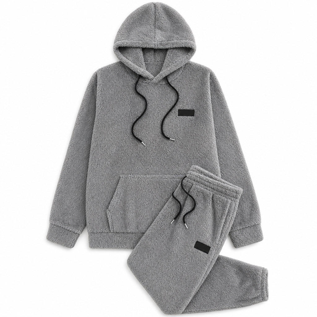 Men's Winter Warm Lamb Wool Hooded Sweatshirt and Pants 2 Piece Set