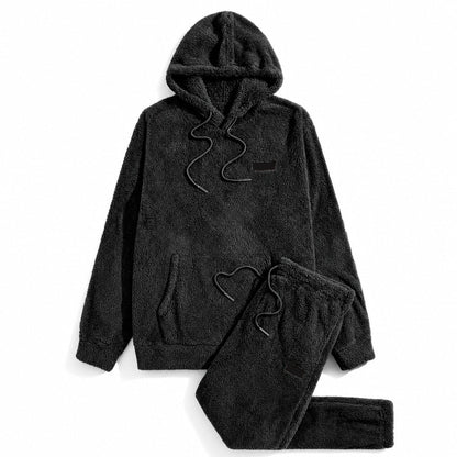 Men's Winter Warm Lamb Wool Hooded Sweatshirt and Pants 2 Piece Set