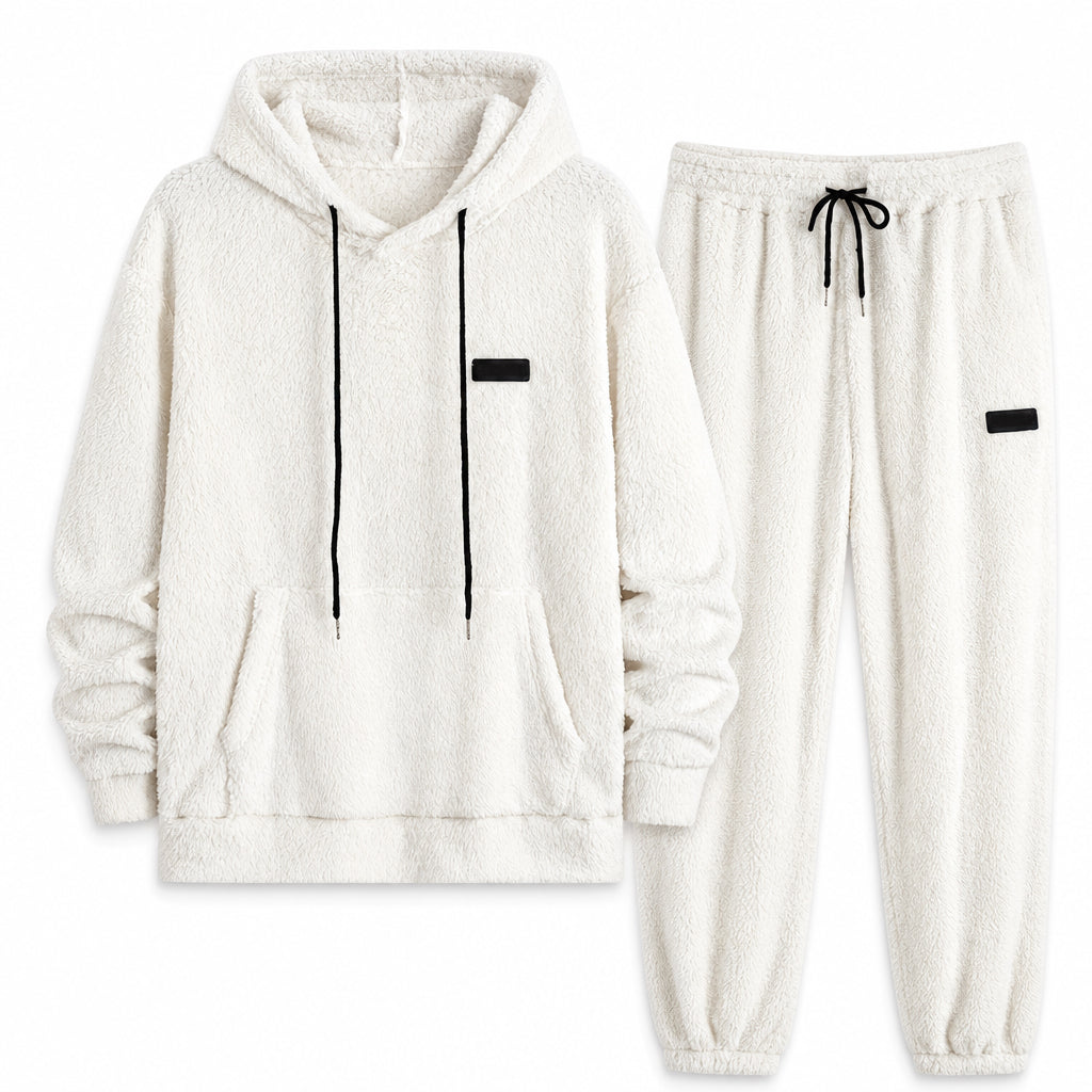 Men's Winter Warm Lamb Wool Hooded Sweatshirt and Pants 2 Piece Set