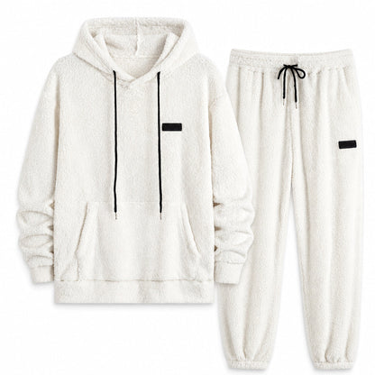 Men's Winter Warm Lamb Wool Hooded Sweatshirt and Pants 2 Piece Set