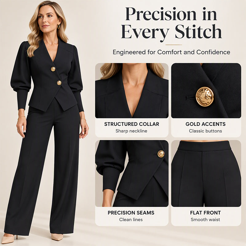 Women's Elegant Puff Sleeve Blazer and Wide-Leg Pants Set