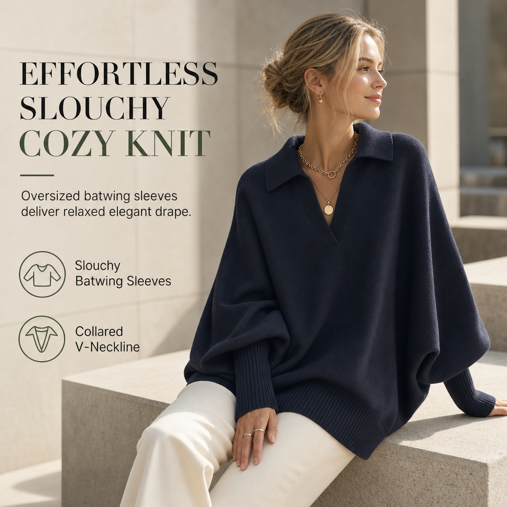 Women's Loose Fit Collared Knit Sweater Casual Slouchy Solid Color Long Sleeve Knitwear