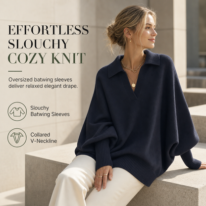 Women's Loose Fit Collared Knit Sweater Casual Slouchy Solid Color Long Sleeve Knitwear