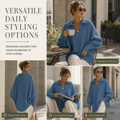 Women's Loose Fit Collared Knit Sweater Casual Slouchy Solid Color Long Sleeve Knitwear