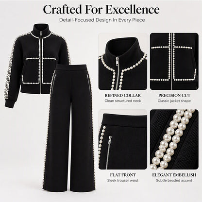 ✨ Eye-Catching Bead Detail, Leg-Elongating Silhouette | Women's Beaded Cropped Jacket and Wide-Leg Pants Set