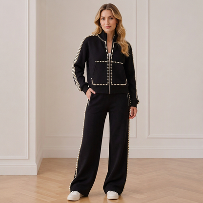 ✨ Eye-Catching Bead Detail, Leg-Elongating Silhouette | Women's Beaded Cropped Jacket and Wide-Leg Pants Set