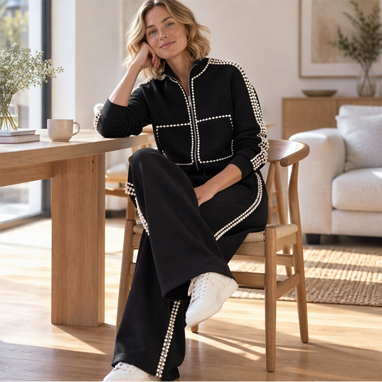 ✨ Eye-Catching Bead Detail, Leg-Elongating Silhouette | Women's Beaded Cropped Jacket and Wide-Leg Pants Set