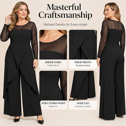 Women's Elegant Mesh Long Sleeve Jumpsuit with Wrap Overlay