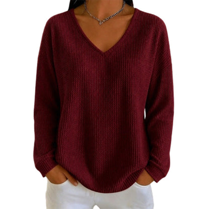 👚 Flattering Neckline, Textured Comfort | Women's Waffle Knit V-Neck Long Sleeve Top