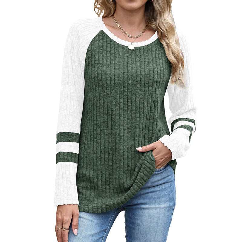 Women's Color-Block Long Sleeve Ribbed Knit Top