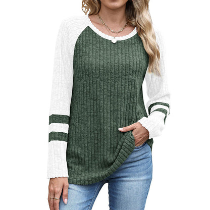 Women's Color-Block Long Sleeve Ribbed Knit Top