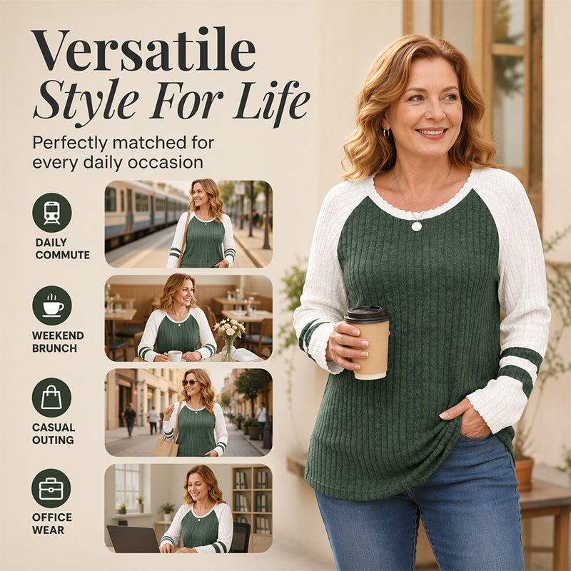 Women's Color-Block Long Sleeve Ribbed Knit Top