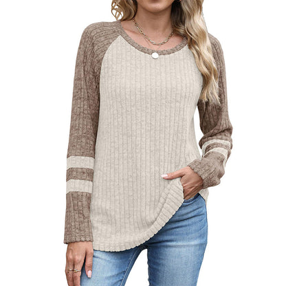 Women's Color-Block Long Sleeve Ribbed Knit Top