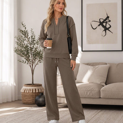 Women's Long Sleeve Half-Zip Top & Wide-Leg Pants Set