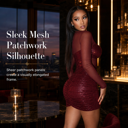 ✨ Women Sexy Sheer Mesh Patchwork Long Sleeve Bodycon Dress Elegant Evening Party Gown