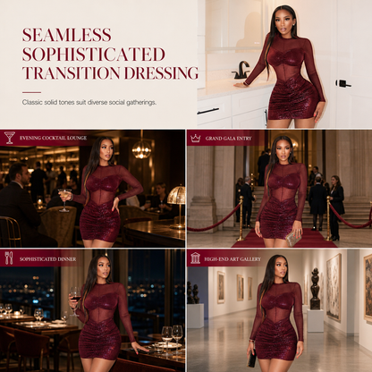 ✨ Women Sexy Sheer Mesh Patchwork Long Sleeve Bodycon Dress Elegant Evening Party Gown