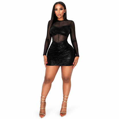 ✨ Women Sexy Sheer Mesh Patchwork Long Sleeve Bodycon Dress Elegant Evening Party Gown