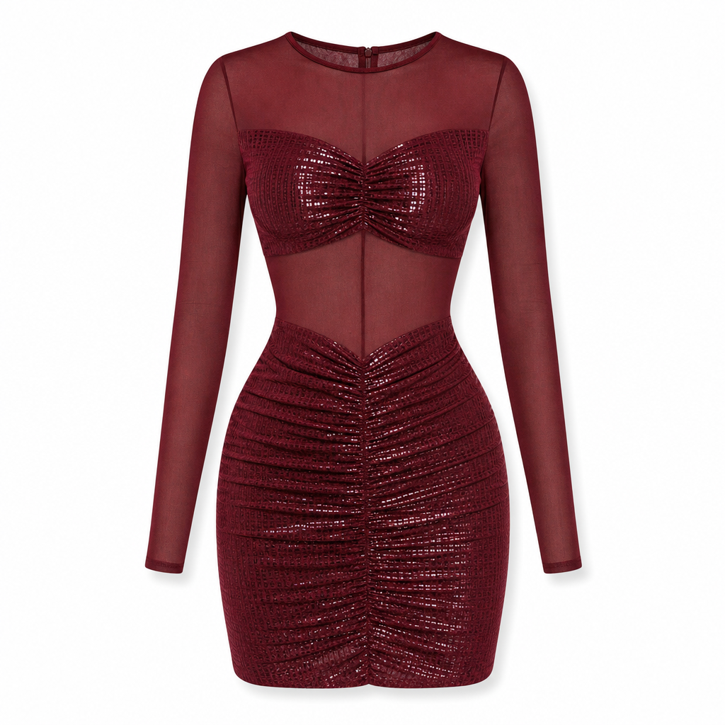 ✨ Women Sexy Sheer Mesh Patchwork Long Sleeve Bodycon Dress Elegant Evening Party Gown
