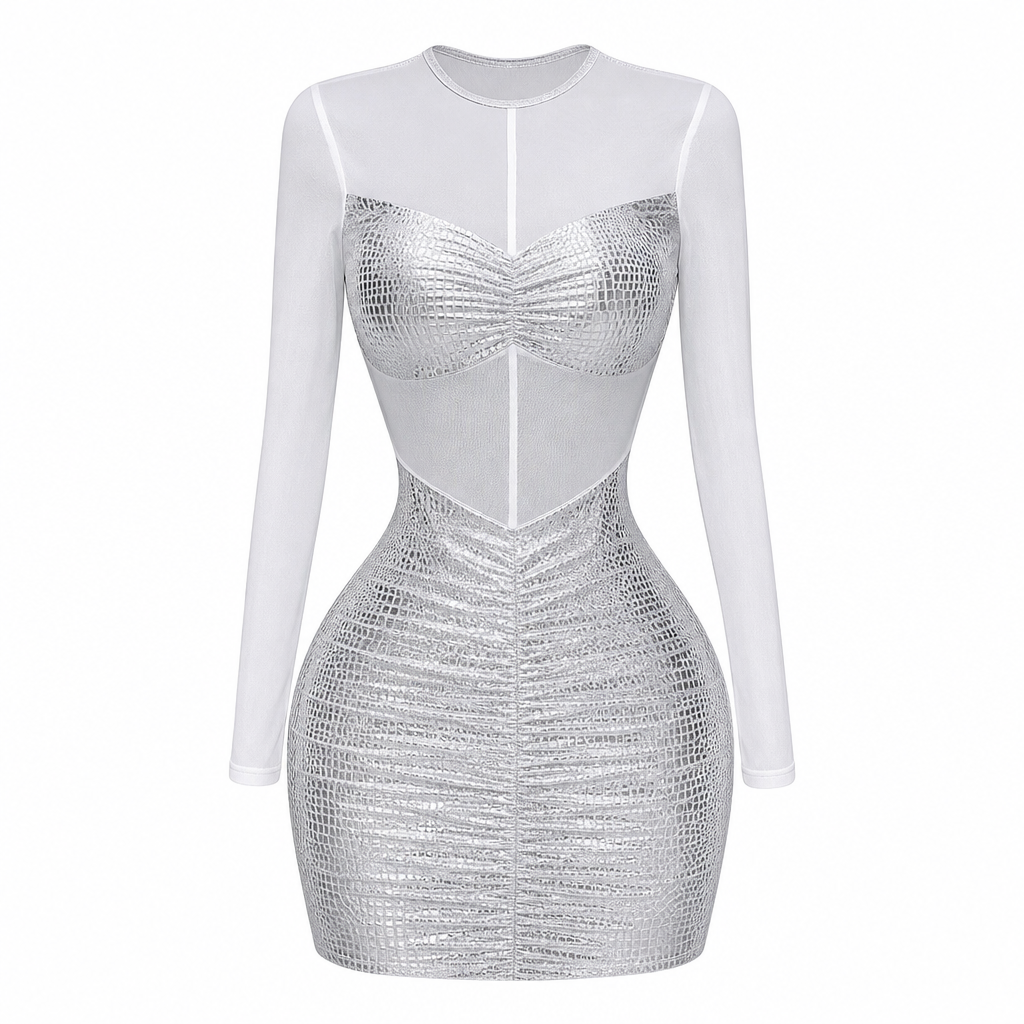 ✨ Women Sexy Sheer Mesh Patchwork Long Sleeve Bodycon Dress Elegant Evening Party Gown