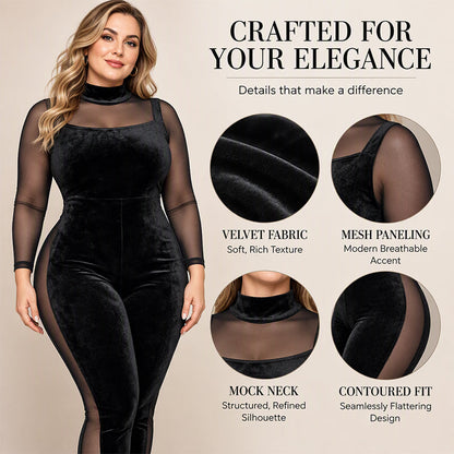 Women's Sheer Mesh Velvet Bodycon Jumpsuit