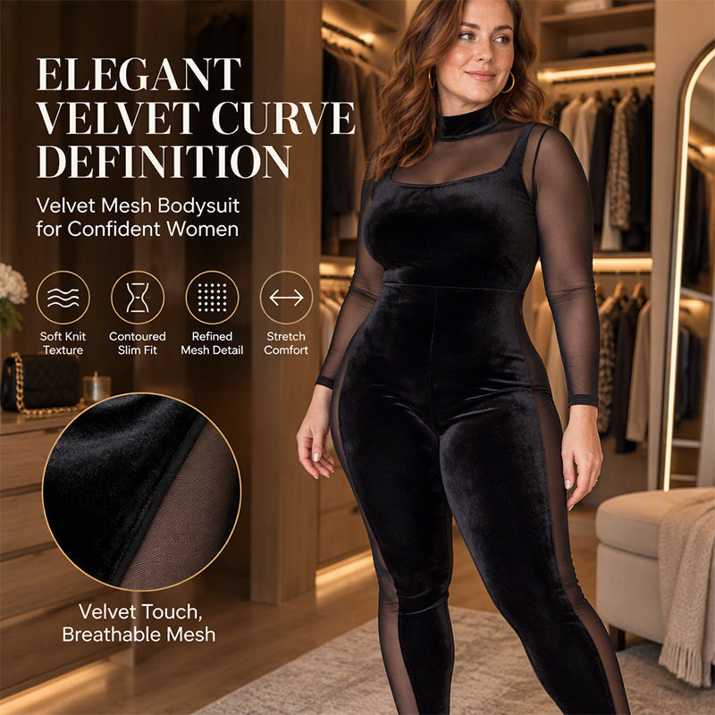 Women's Sheer Mesh Velvet Bodycon Jumpsuit