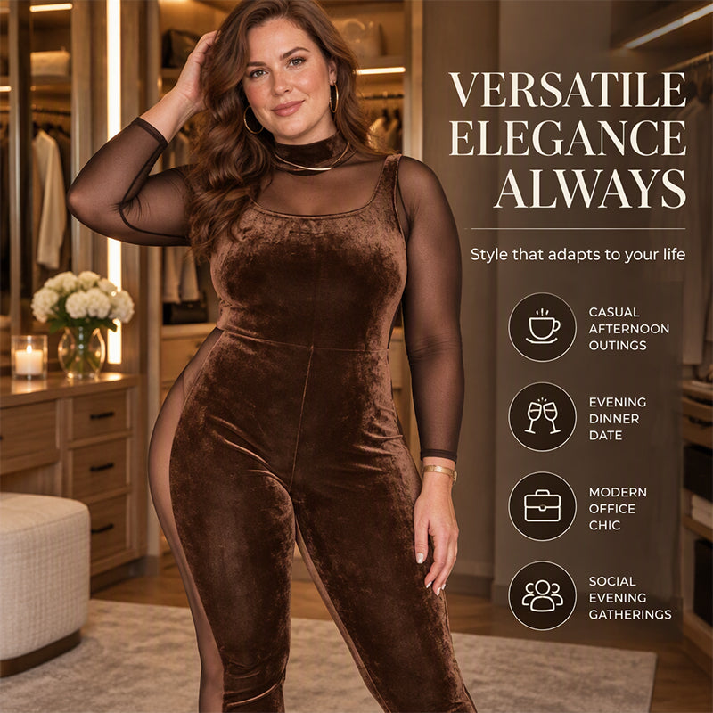 Women's Sheer Mesh Velvet Bodycon Jumpsuit