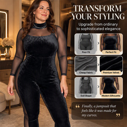 Women's Sheer Mesh Velvet Bodycon Jumpsuit