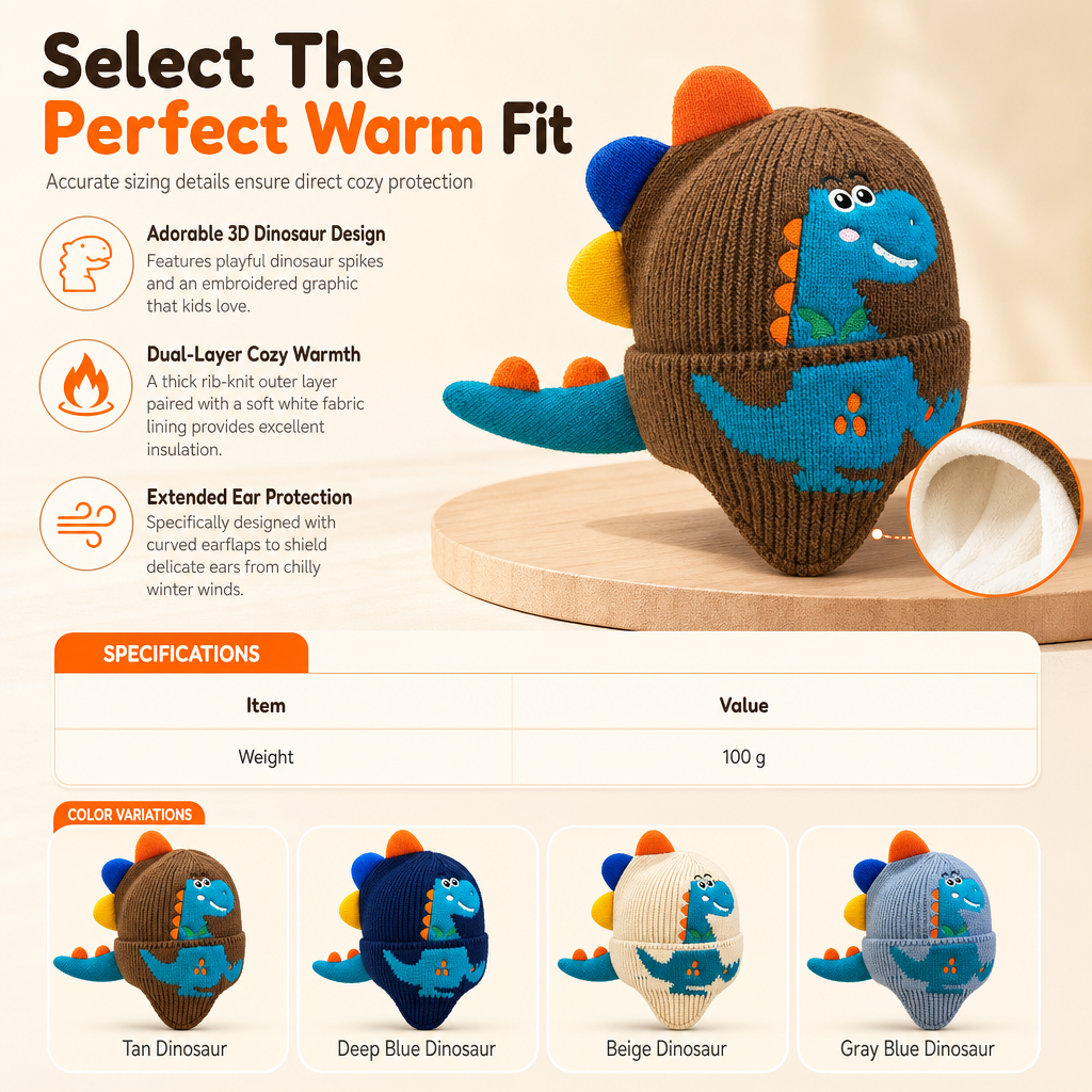 Cute Toddler Kids Dinosaur Knit Beanie Hat Winter Thick Warm Windproof Earflap Cap for Boys and Girls