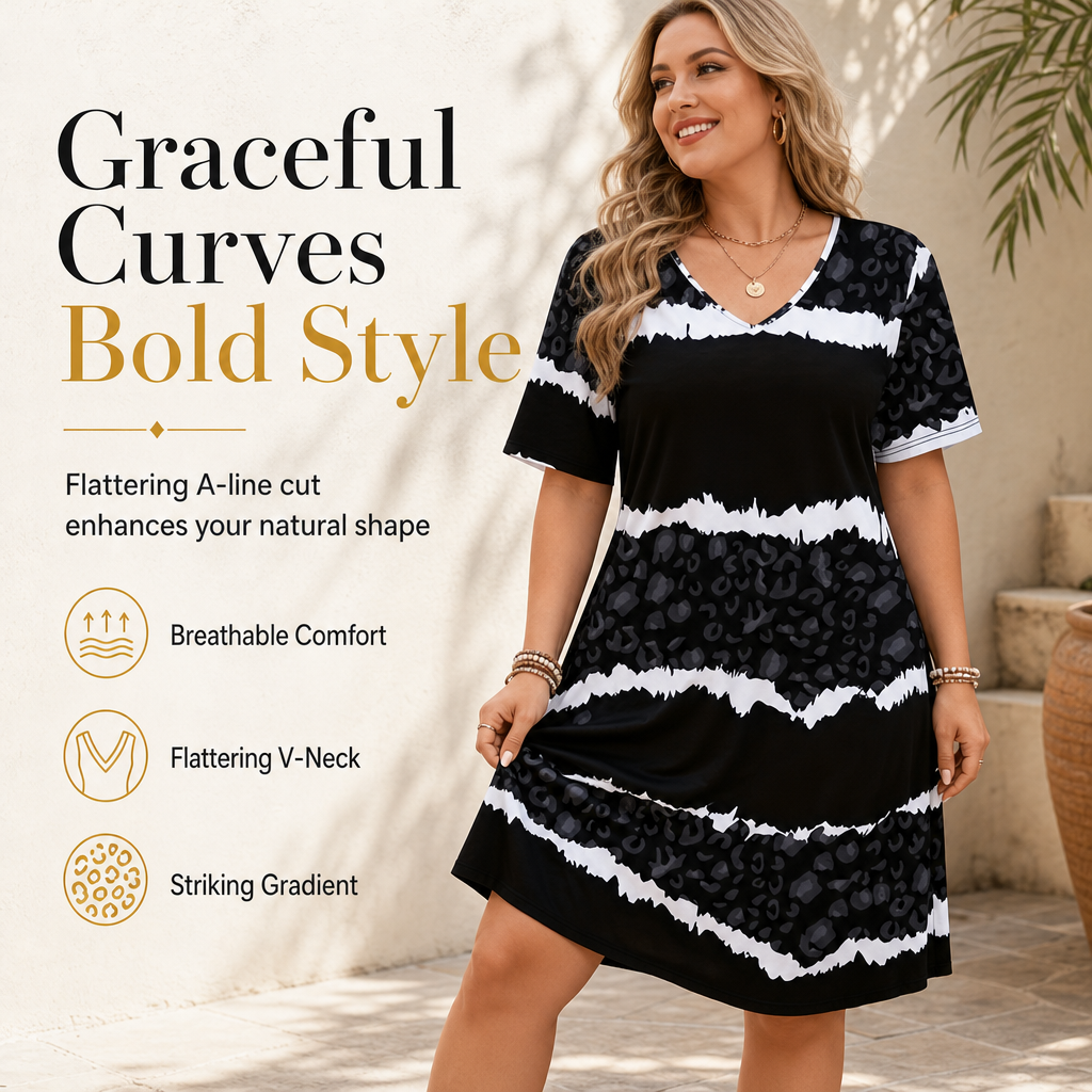 Women's Plus Size V Neck Short Sleeve Printed Dress