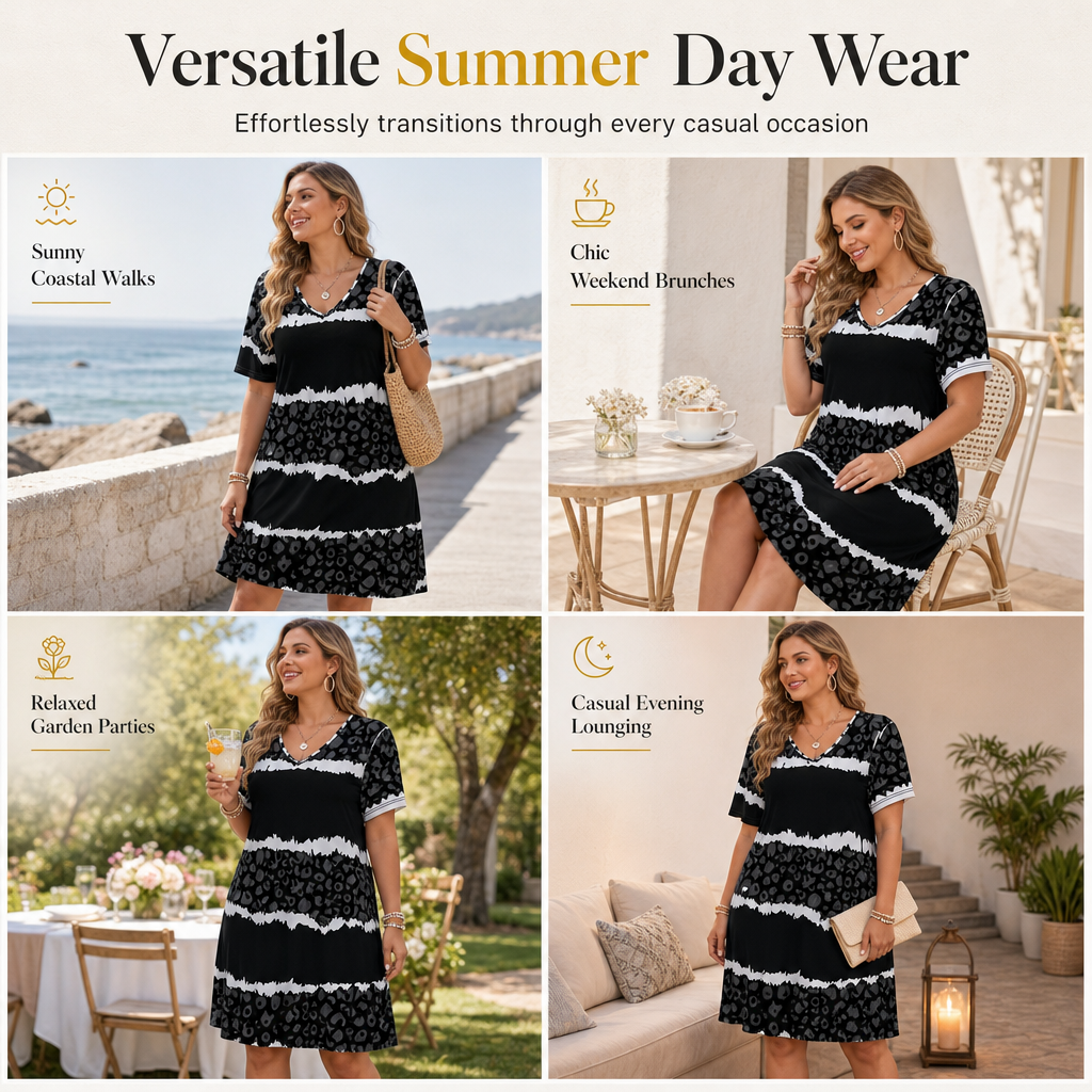 Women's Plus Size V Neck Short Sleeve Printed Dress
