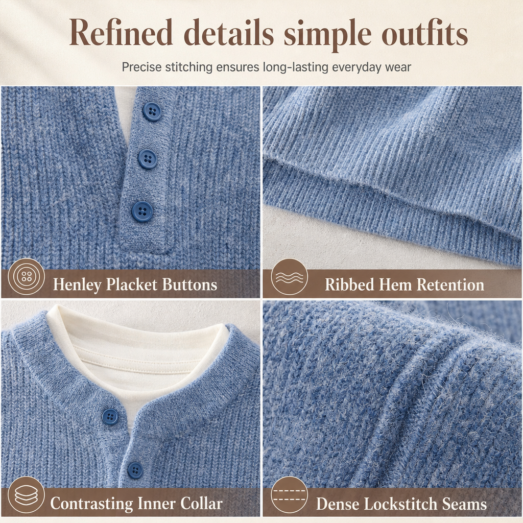 🧶 Effortless Layered Look, Relaxed Comfort | Men's Retro Henley Neck Mock Two Piece Sweater Relaxed Fit Long Sleeve Knit Pullover for Fall and Winter