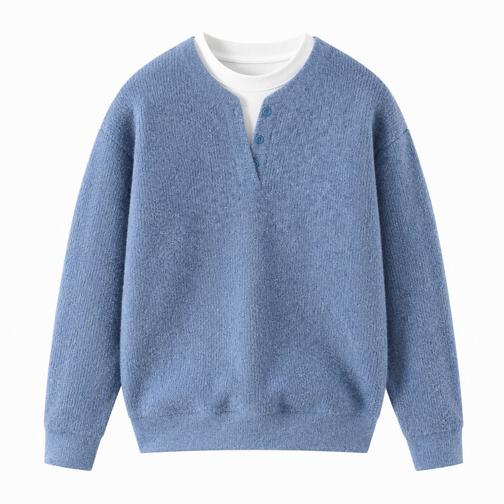 🧶 Effortless Layered Look, Relaxed Comfort | Men's Retro Henley Neck Mock Two Piece Sweater Relaxed Fit Long Sleeve Knit Pullover for Fall and Winter