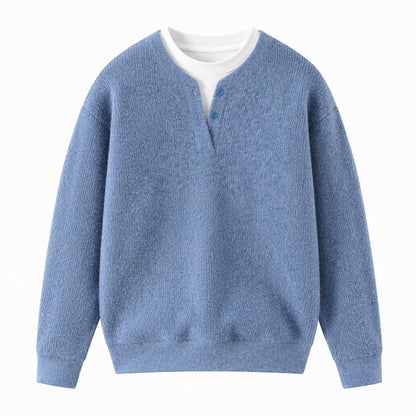 🧶 Effortless Layered Look, Relaxed Comfort | Men's Retro Henley Neck Mock Two Piece Sweater Relaxed Fit Long Sleeve Knit Pullover for Fall and Winter