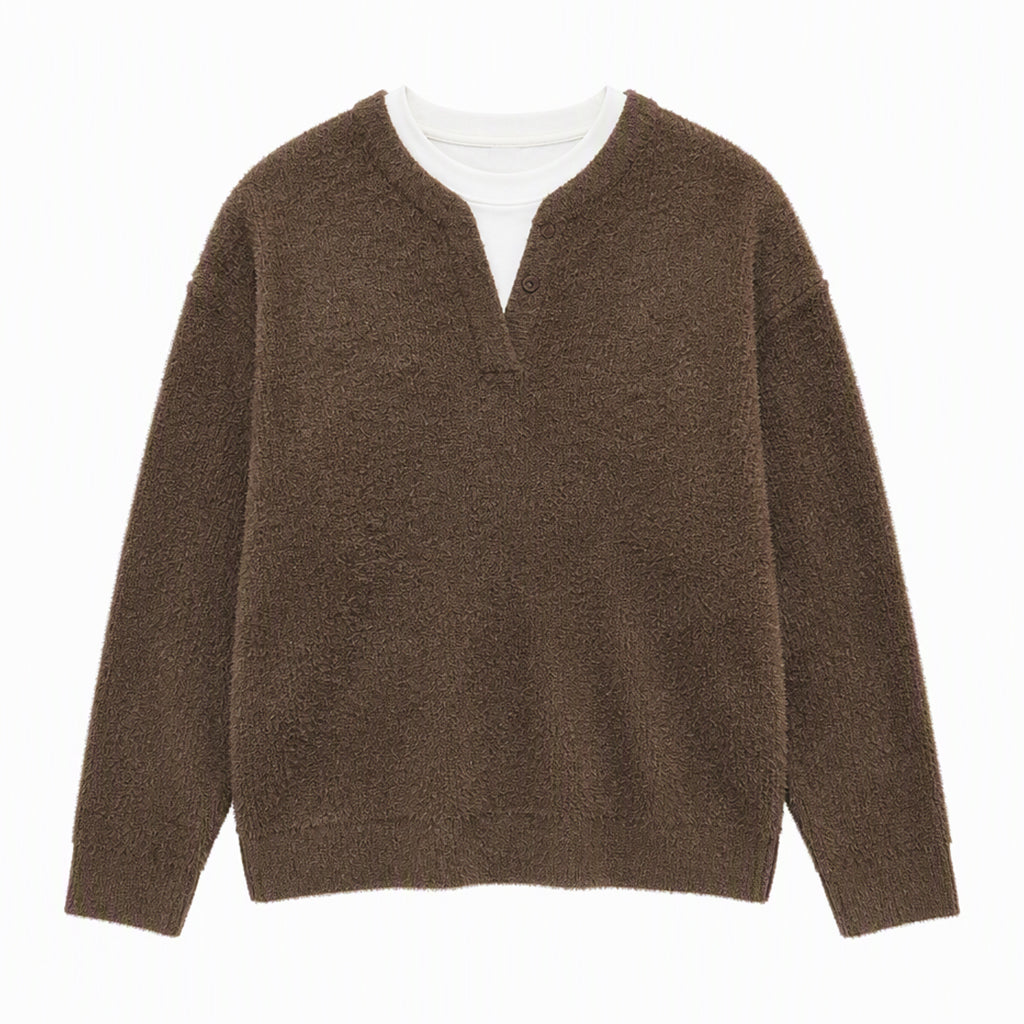 🧶 Effortless Layered Look, Relaxed Comfort | Men's Retro Henley Neck Mock Two Piece Sweater Relaxed Fit Long Sleeve Knit Pullover for Fall and Winter