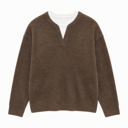 🧶 Effortless Layered Look, Relaxed Comfort | Men's Retro Henley Neck Mock Two Piece Sweater Relaxed Fit Long Sleeve Knit Pullover for Fall and Winter