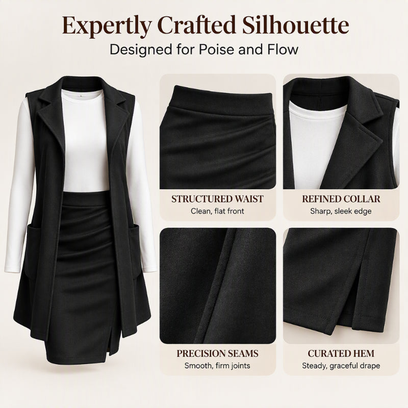 🧥 Polished Layered Look, Leg-Elongating Proportion | Women's Lapel Open Front Long Vest and Mini Skirt Set
