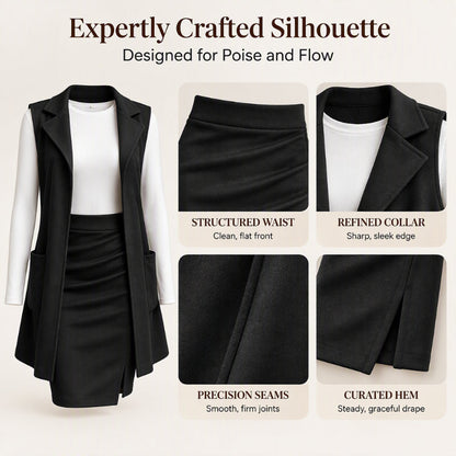 🧥 Polished Layered Look, Leg-Elongating Proportion | Women's Lapel Open Front Long Vest and Mini Skirt Set