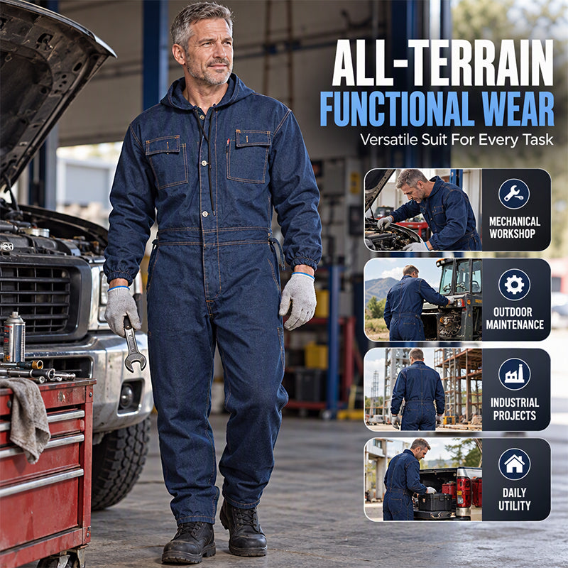 Men's Durable Hooded Denim Work Jumpsuit