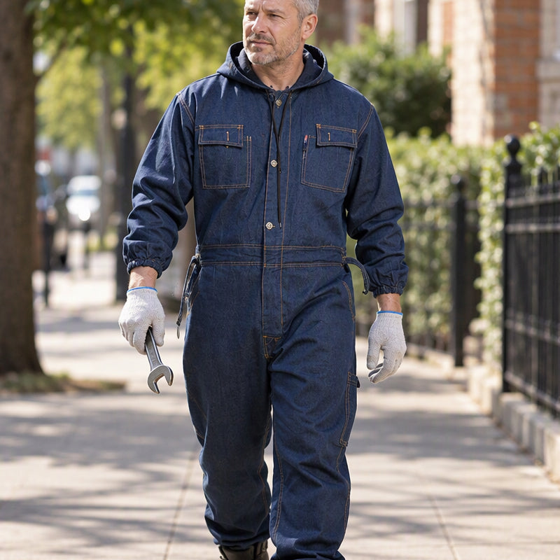 Men's Durable Hooded Denim Work Jumpsuit