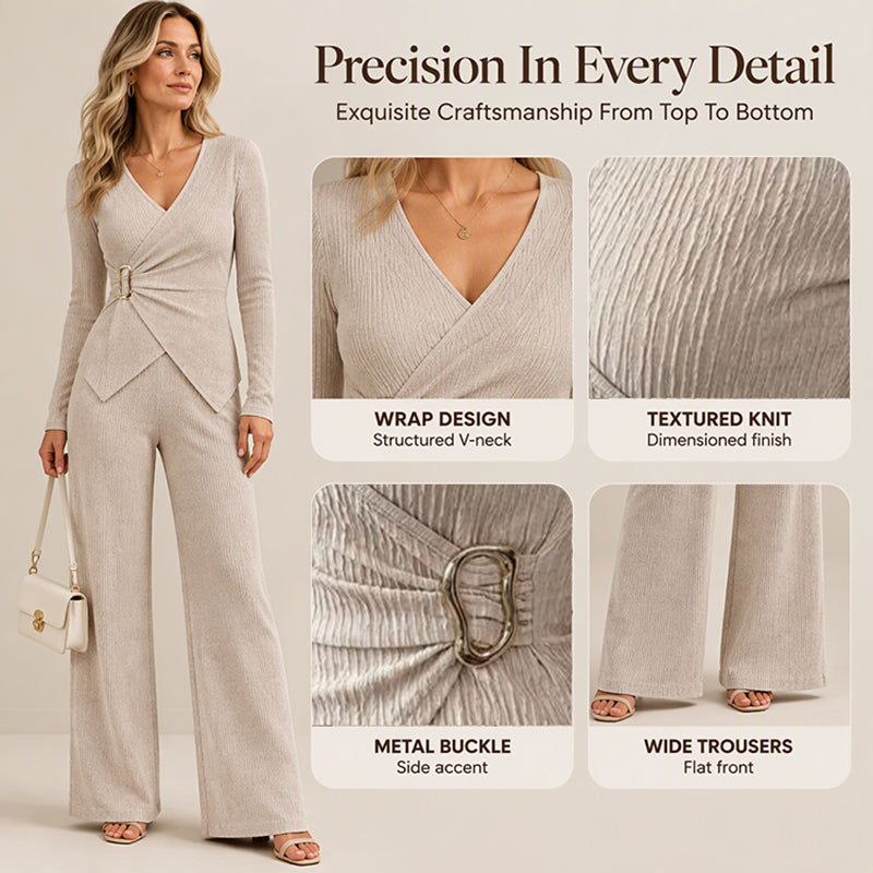 Women's Textured Asymmetric Wrap Top & Wide-Leg Pants Set