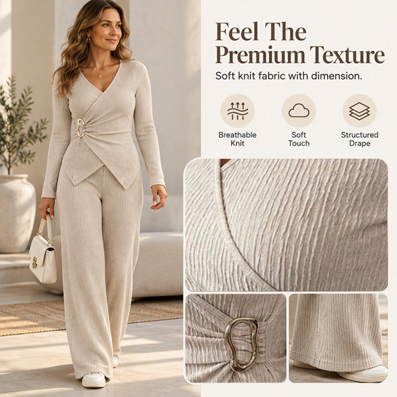 Women's Textured Asymmetric Wrap Top & Wide-Leg Pants Set