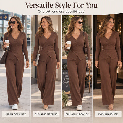 Women's Textured Asymmetric Wrap Top & Wide-Leg Pants Set
